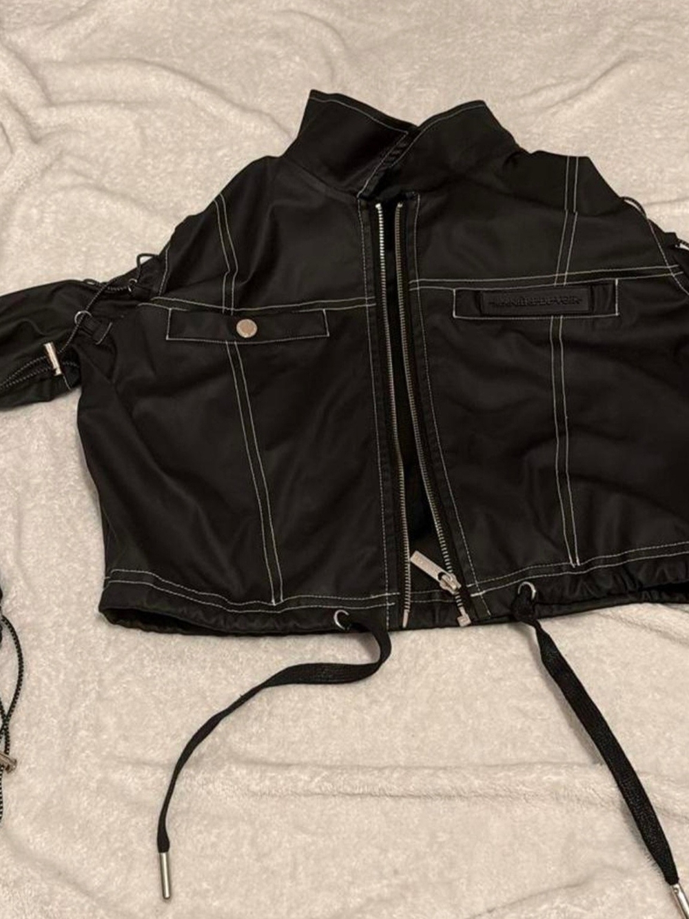 Maniere De Voir Black Crop Bomber Jacket with White Stitching